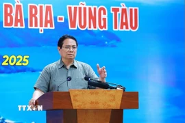 Thủ tướng Phạm Minh Chính phát biểu kết luận buổi làm việc với Ban Thường vụ Tỉnh ủy Bà Rịa-Vũng Tàu. (Ảnh: Dương Giang/TTXVN)