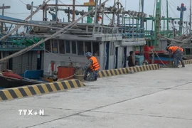 Neo buộc các tàu thuyền trên các đảo ở đặc khu Trường Sa. (Ảnh: TTXVN phát)