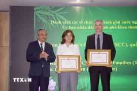 Ông Đỗ Việt Hà (ngoài cùng bên trái), Chủ tịch Liên hiệp các tổ chức hữu nghị Thành phố Hồ Chí Minh, trao Bằng khen của UBND Thành phố cho đại diện các tổ chức phi chính phủ nước ngoài trên địa bàn Thành phố có đóng góp tích cực trong năm 2024. (Ảnh: Xuân Khu/TTXVN)