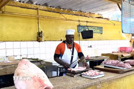 Một quầy thịt lợn trong chợ nông sản 19B ở La Habana (Cuba). (Ảnh: Ngọc Duy/TTXVN)