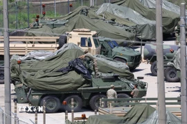 Xe quân sự tại căn cứ của Mỹ ở Dongducheon, cách thủ đô Seoul của Hàn Quốc 41km về phía Bắc. (Ảnh: Yonhap/TTXVN)