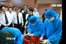 Thủ tướng Lê Minh Hưng kiểm tra công tác tìm kiếm, quy tập hài cốt liệt sỹ tại Công viên Lê Thị Riêng, phường Hòa Hưng, Thành phố Hồ Chí Minh. (Ảnh: Dương Giang/TTXVN)