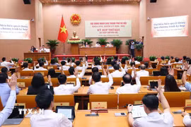 Hội đồng nhân dân thành phố Hà Nội biểu quyết thông qua chương trình kỳ họp. (Ảnh: Văn Điệp/TTXVN)