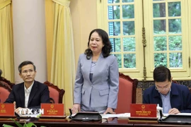 Phó Chủ tịch nước Võ Thị Ánh Xuân, Phó Chủ tịch thứ nhất Hội đồng Thi đua-Khen thưởng Trung ương, Trưởng Ban tổ chức Đại hội phát biểu. (Ảnh: An Đăng/TTXVN)