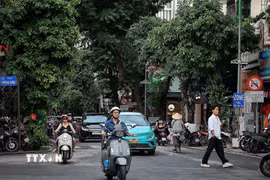 Biển nhận diện vùng phát thải thấp trên phố Hàng Bông, nơi hằng ngày có lượng lớn ôtô, xe máy, xe đạp và người đi bộ qua lại. (Ảnh: Phạm Tuấn Anh/TTXVN)
