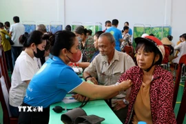Nhân viên y tế Bệnh viện Đa khoa Vĩnh Long tham gia khám bệnh miễn phí cho người dân. (Ảnh: Lê Thúy Hằng/TTXVN)
