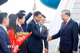 Quốc vụ khanh Bộ Nội vụ Ấn Độ Nityanand Rai cùng cán bộ, nhân viên Đại sứ quán, cộng đồng người Việt Nam và lưu học sinh Việt Nam tại Ấn Độ đón Tổng Bí thư, Chủ tịch nước Tô Lâm ở sân bay quân sự Palam, thủ đô New Delhi. (Ảnh: Thống Nhất/TTXVN)