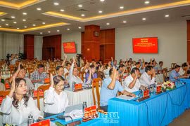 100% đại biểu biểu quyết thông qua Nghị quyết của Ban Chấp hành Đảng bộ tỉnh Cà Mau về Đề án hợp nhất 2 tỉnh Cà Mau và Bạc Liêu. (Nguồn: Báo Cà Mau)