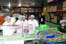 Lãnh đạo DT Group giới thiệu các sản phẩm chế biến sâu từ rong biển và yến sào đạt tiêu chuẩn quốc tế. (Ảnh Đặng Tuấn/TTXVN)