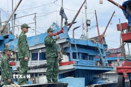 Bộ đội biên phòng dùng loa phóng thanh kêu gọi các tàu cá sắp xếp neo đậu an toàn tại cảng cá Sa Huỳnh. (Ảnh: Phạm Cường/TTXVN)