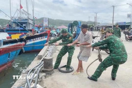 Cán bộ chiến sỹ Đồn biên phòng Sa Huỳnh giúp ngư dân neo đậu tàu cá ứng phó bão số 13. (Ảnh: TTXVN phát)