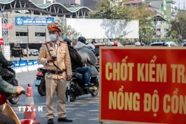 Lực lượng Cảnh sát Giao thông, Công an thành phố Hà Nội duy trì các ca tuần tra kiểm soát, xử lý vi phạm, nhất là vi phạm về nồng độ cồn để kiềm chế tai nạn giao thông. (Ảnh: Phạm Kiên/TTXVN)