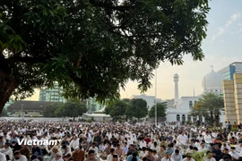Các tín đồ tại buổi lễ cầu nguyện ngoài trời ở Thánh đường Hồi giáo Al-Azhar, Indonesia. (Ảnh: Đỗ Quyên/Vietnam+)