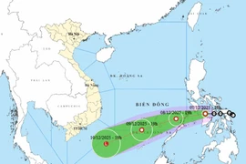 Dự báo hướng di chuyển của áp thấp nhiệt đới. (Nguồn: Trung tâm Dự báo Khí tượng Thủy văn Quốc gia)