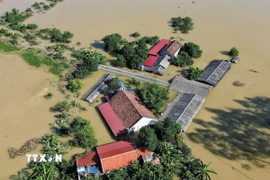 Nhiều thôn tại xã Bố Hạ vẫn ngập sâu trong nước. (Ảnh: Danh Lam/TTXVN)