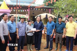 Bà Hà Thị Nga trao quà hỗ trợ cho Trường Mầm non Gia Sàng. (Ảnh: Thu Hằng/TTXVN)