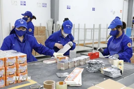 Công nhân Nhà máy Z121 hoàn thiện sản phẩm pháo hoa phục vụ người tiêu dùng. (Ảnh: Tạ Toàn/TTXVN)