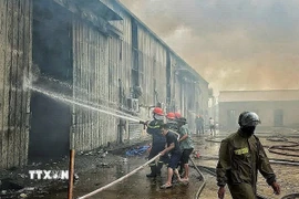 Các lực lượng chức năng phối hợp chữa cháy. (Ảnh: TTXVN phát)
