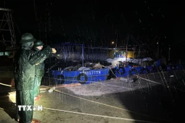 Lực lượng Bộ đội Biên phòng tỉnh Hưng Yên tuần tra kiểm soát khu vực ven biển khi bão số 3 đổ bộ đất liền. (Ảnh: Thế Duyệt/TTXVN)