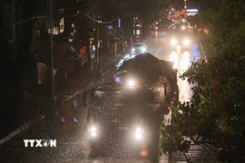 Khối xe bánh xích, tăng thiết giáp của Binh chủng Tăng thiết giáp trên đường di chuyển về trung tâm Thủ đô. (Ảnh: Lê Đông/TTXVN)