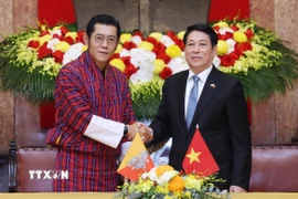 Chủ tịch nước Lương Cường và Quốc vương Bhutan Jigme Khesar Namgyel Wangchuck. (Ảnh: Lâm Khánh/TTXVN)