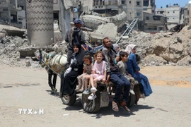 Người dân Palestine rời bỏ nhà cửa tránh xung đột tại Gaza. (Ảnh: THX/TTXVN)