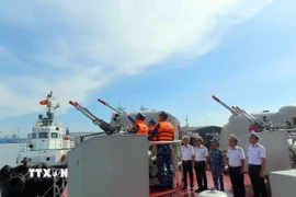 Kiểm tra tình trạng kỹ thuật và thao tác của khẩu đội pháo. (Ảnh: TTXVN phát)