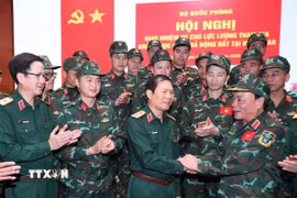 Đại tướng Nguyễn Tân Cương, Tổng Tham mưu trưởng, Thứ trưởng Bộ Quốc phòng, động viên lực lượng cứu trợ trước giờ lên đường sang Myanmar ngay trong chiều ngày 30/3. (Ảnh: Trọng Đức/TTXVN)