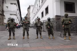 Binh sỹ Ecuador gác bên ngoài dinh Tổng thống ở Quito. (Ảnh: THX/TTXVN)