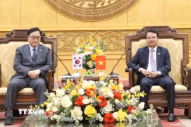 Chủ tịch Quốc hội Hàn Quốc Woo Won Shik (trái) làm việc với Bí thư Tỉnh ủy Ninh Bình Đặng Xuân Phong. (Ảnh: Công Luật/TTXVN)
