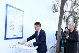 Đại sứ Việt Nam tại Algeria Trần Quốc Khánh đặt hoa tưởng niệm các nhà báo hy sinh tại Sóc Sơn. (Ảnh: Mạnh Hùng/TTXVN)