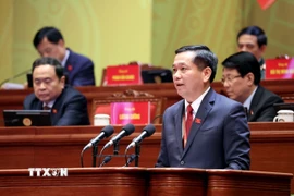 Đồng chí Nguyễn Long Hải, Ủy viên dự khuyết Ban chấp hành Trung ương Đảng, Phó Bí thư Thường trực Đảng ủy các cơ quan Đảng Trung ương, trình bày tham luận “Nâng tầm công tác tham mưu chiến lược; xây dựng Đảng bộ các cơ quan Trung ương trong sạch, vững mạnh, tiêu biểu.” (Ảnh: TTXVN)