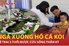 Thót tim khoảnh khắc bé trai 2 tuổi ngã xuống hồ cá koi