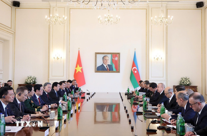Tổng Bí thư Tô Lâm hội đàm cấp Nhà nước với Tổng thống Azerbaijan Ilham Aliyev. (Ảnh: Thống Nhất/TTXVN)