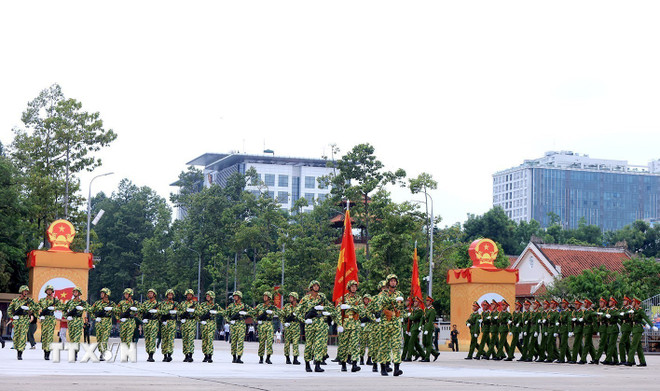 Blocks before practice at Ba Dinh Square. (Photo: Tuan Anh/VNA) ttxvn-hop-luyen-13.jpg