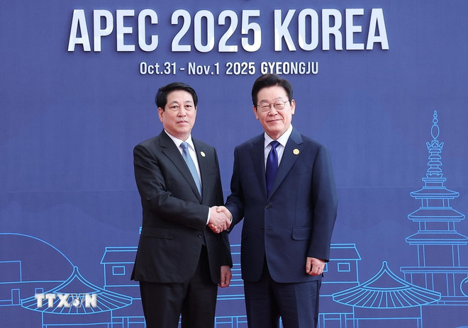 Tổng thống Hàn Quốc Lee Jae Myung đón Chủ tịch nước Lương Cường. (Ảnh: Lâm Khánh/TTXVN) ttxvn-chu-tich-nuoc-luong-cuong-du-hoi-nghi-cap-cao-apec-4-resize.jpg