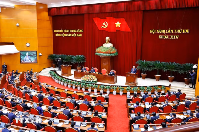 Phiên khai mạc Hội nghị lần thứ hai Ban Chấp hành Trung ương Đảng khóa XIV. (Ảnh: Doãn Tấn/TTXVN) ttxvn-khai-mac-hoi-nghi-lan-thu-hai-ban-chap-hanh-trung-uong-dang-khoa-xiv-7.jpg