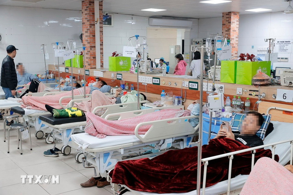 14 bệnh nhân đang nằm điều trị với các biểu hiện ngộ độc khác nhau, các triệu chứng bao gồm rối loạn tiêu hóa (đau bụng, buồn nôn, nôn, tiêu chảy), rối loạn thần kinh (đau đầu, nói sảng, rối loạn ý thức), rối loạn tuần hoàn, chuyển hóa. (Ảnh: Minh Quyết/TTXVN)