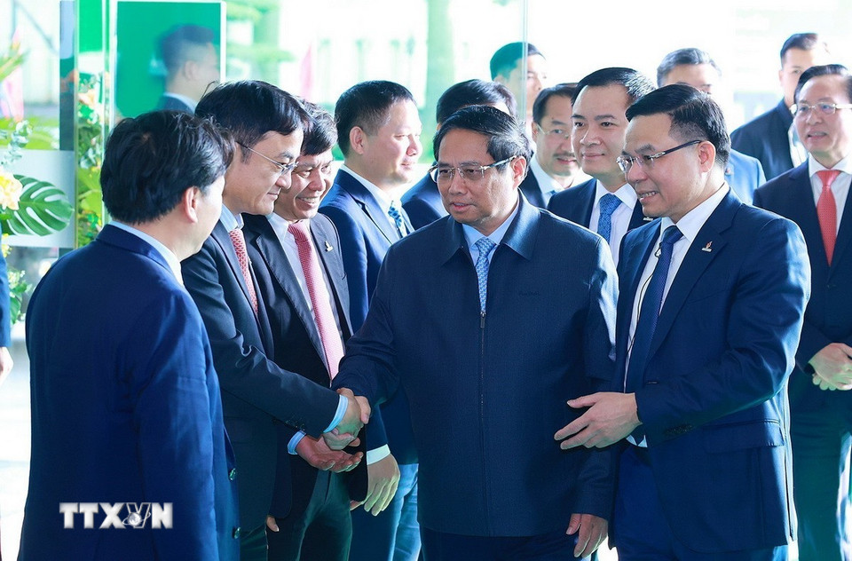 Thủ tướng Phạm Minh Chính đến dự Hội nghị triển khai vụ năm 2025 của ngành dầu khí. (Ảnh: Dương Giang/TTXVN)