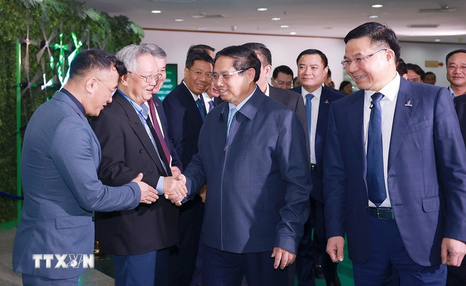 Thủ tướng Phạm Minh Chính đến dự Hội nghị triển khai vụ năm 2025 của ngành dầu khí. (Ảnh: Dương Giang/TTXVN)