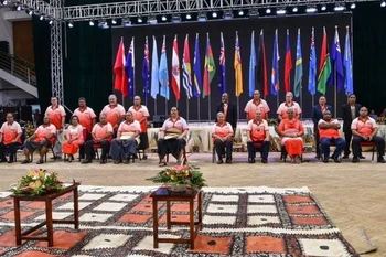 Các lãnh đạo dự Diễn đàn Các đảo Thái Bình Dương sáng 26/8 tại Tonga. (Ảnh: AFP)