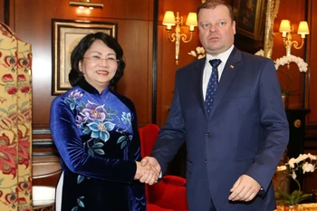 Phó Chủ tịch nước Đặng Thị Ngọc Thịnh làm việc với Thủ tướng Litva Saulius Skvernelis. (Ảnh: Doãn Tấn/TTXVN)