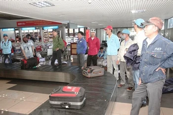 Lao động trở về từ Libya đang nhận hành lý tại sân bay Nội Bài. (Ảnh: Anh Tuấn/TTXVN)