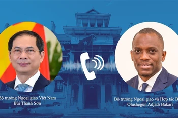 Bộ trưởng Ngoại giao Bùi Thanh Sơn điện đàm với Bộ trưởng Ngoại giao và Hợp tác Cộng hòa Benin Olushegun Adjadi Bakari. (Ảnh: TTXVN phát)