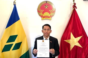 Đại sứ Lê Viết Duyên trình Quốc thư lên Toàn quyền Saint Vincent và Grenadines theo hình thức trực tuyến. (Ảnh: TTXVN phát)