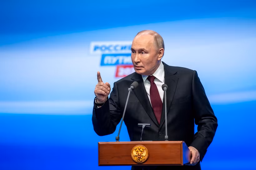 Tổng thống Nga Vladimir Putin phát biểu trong cuộc họp báo ở Moskva ngày 18/3/2024. (Ảnh: THX/TTXVN)