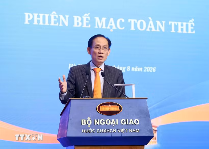Đồng chí Lê Hoài Trung, Ủy viên Bộ Chính trị, Bộ trưởng Bộ Ngoại giao, phát biểu. (Ảnh: An Đăng/TTXVN)