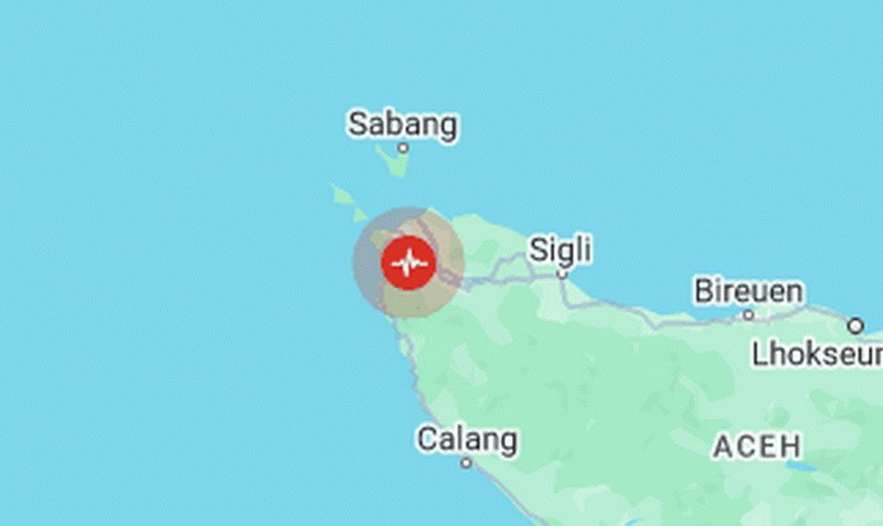 Trận động đất có độ lớn 5,2 đã làm rung chuyển vùng biển ngoài khơi tỉnh Aceh, phía Tây Indonesia. (Nguồn: USGS)