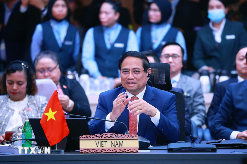 Thủ tướng Phạm Minh Chính tham dự và phát biểu tại Hội nghị Cấp cao ASEAN-Trung Quốc lần thứ 28. (Ảnh: Dương Giang/TTXVN)