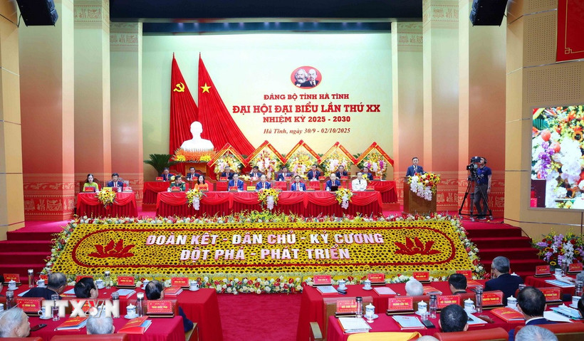 Đại hội đại biểu Đảng bộ tỉnh Hà Tĩnh lần thứ 20, nhiệm kỳ 2025-2030. (Ảnh: Phương Hoa/TTXVN)